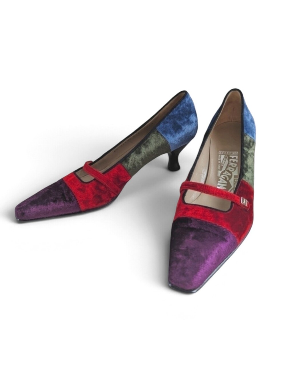 Salvatore Ferragamo Mary Jane Kitten Heels in Velvet Colorblock Size 7.5